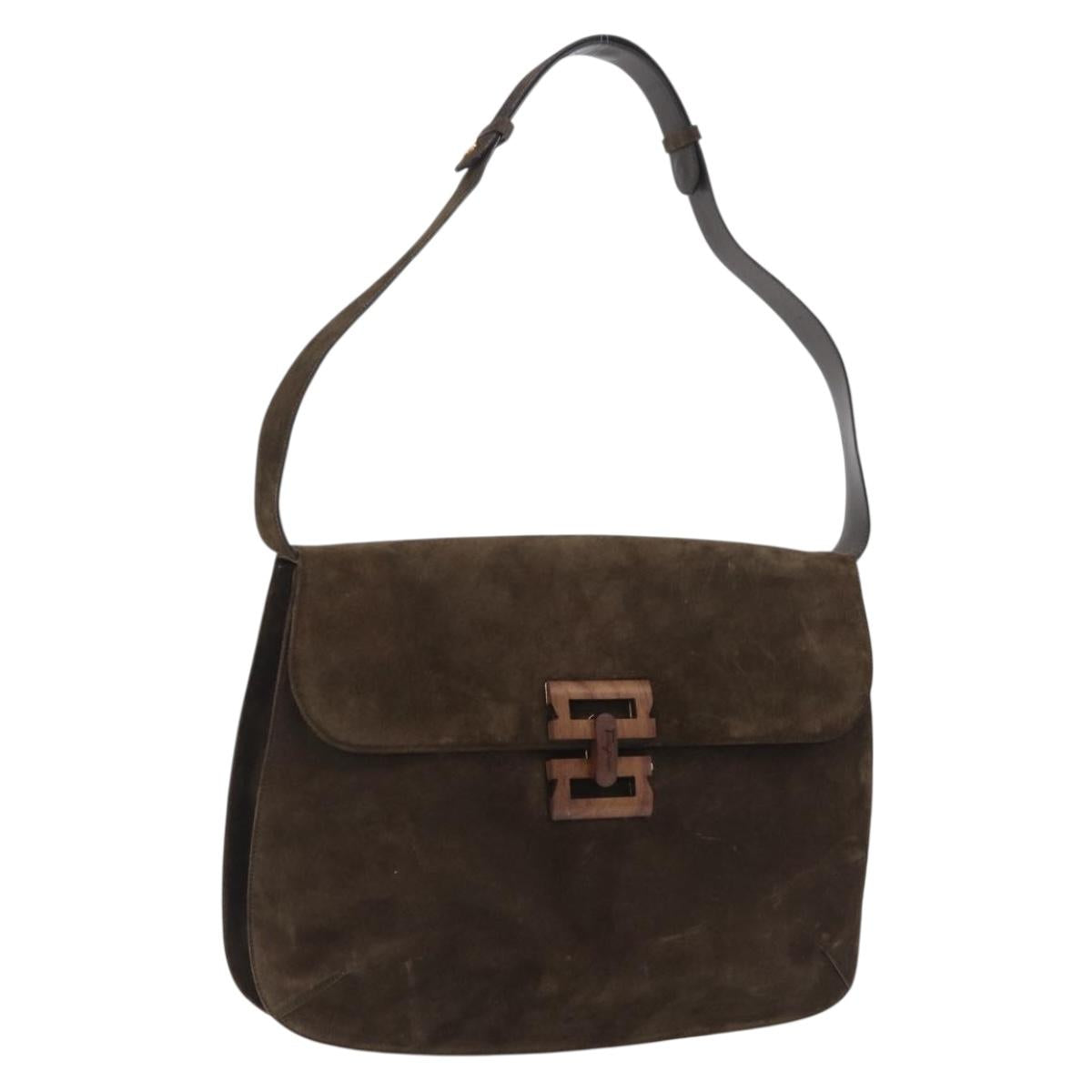 Salvatore Ferragamo Shoulder Bag Suede Khaki Gold Auth 208797