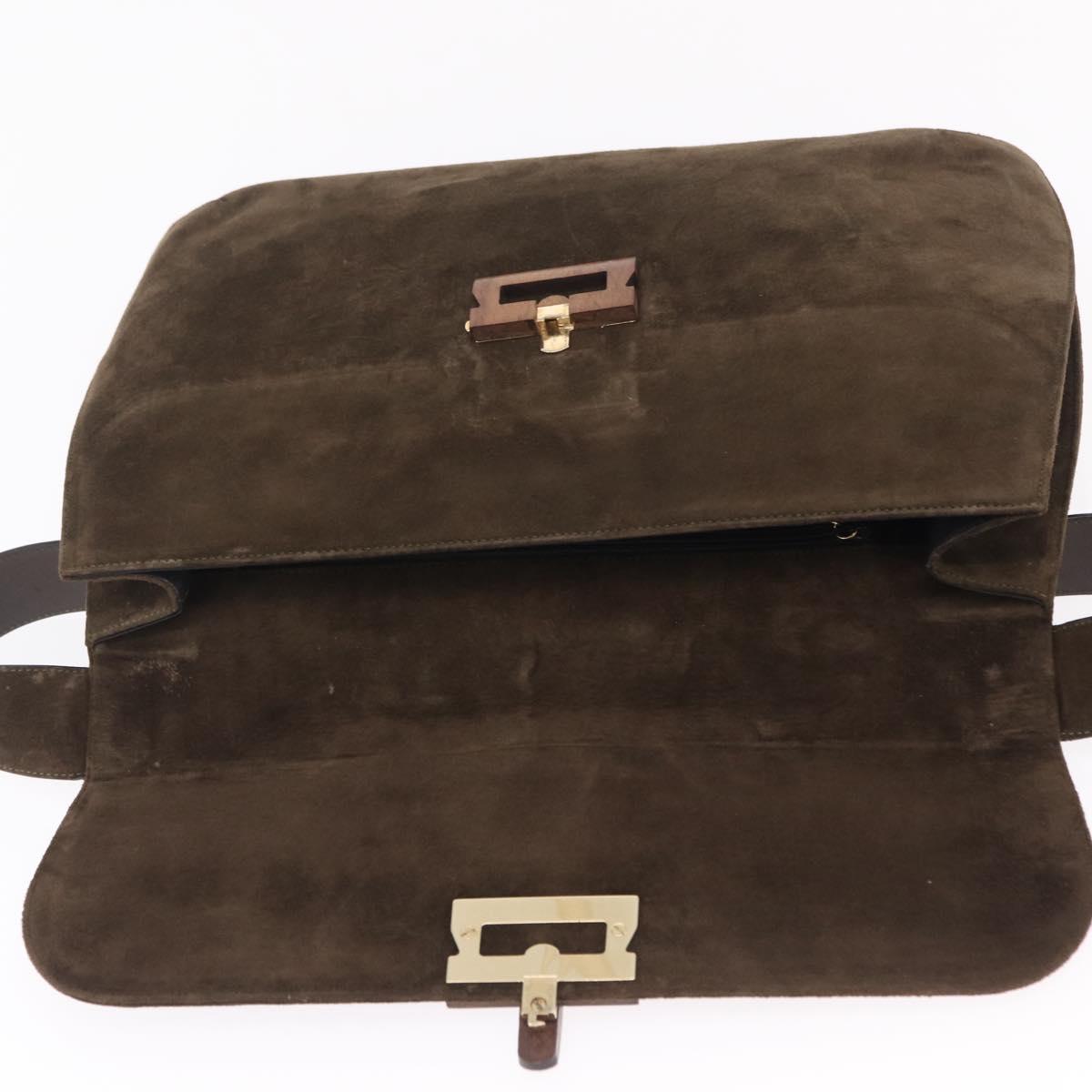 Salvatore Ferragamo Shoulder Bag Suede Khaki Gold Auth 208797