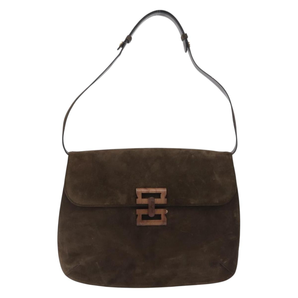 Salvatore Ferragamo Shoulder Bag Suede Khaki Gold Auth 208797