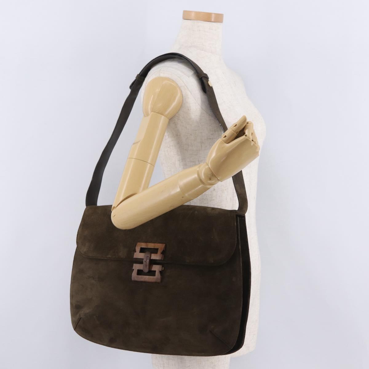 Salvatore Ferragamo Shoulder Bag Suede Khaki Gold Auth 208797