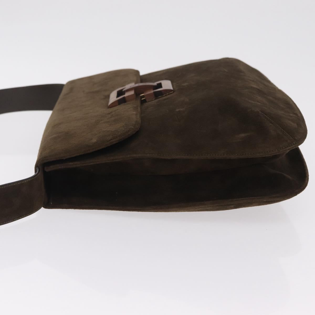 Salvatore Ferragamo Shoulder Bag Suede Khaki Gold Auth 208797
