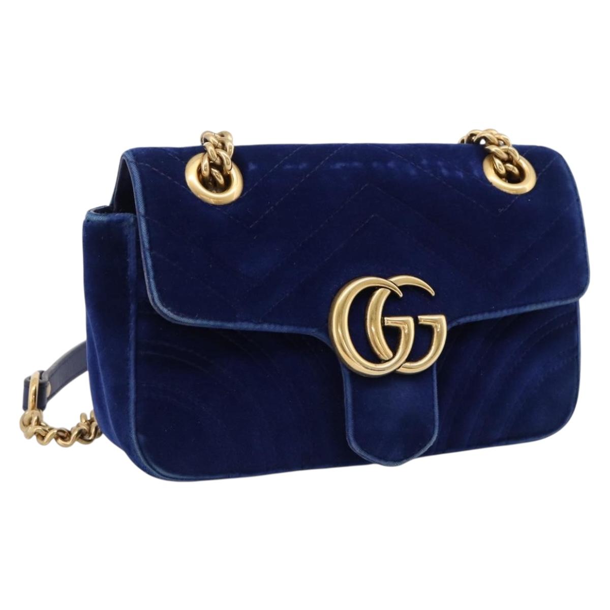 GUCCI GG Marmont Chain Shoulder Bag Velor Blue Gold 446744 Auth 208800V