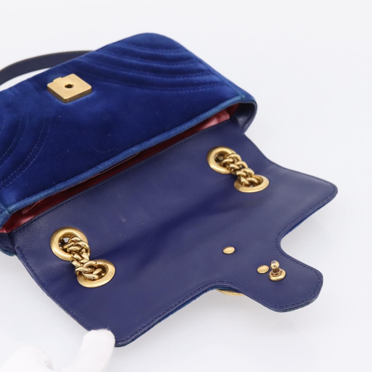 GUCCI GG Marmont Chain Shoulder Bag Velor Blue Gold 446744 Auth 208800V