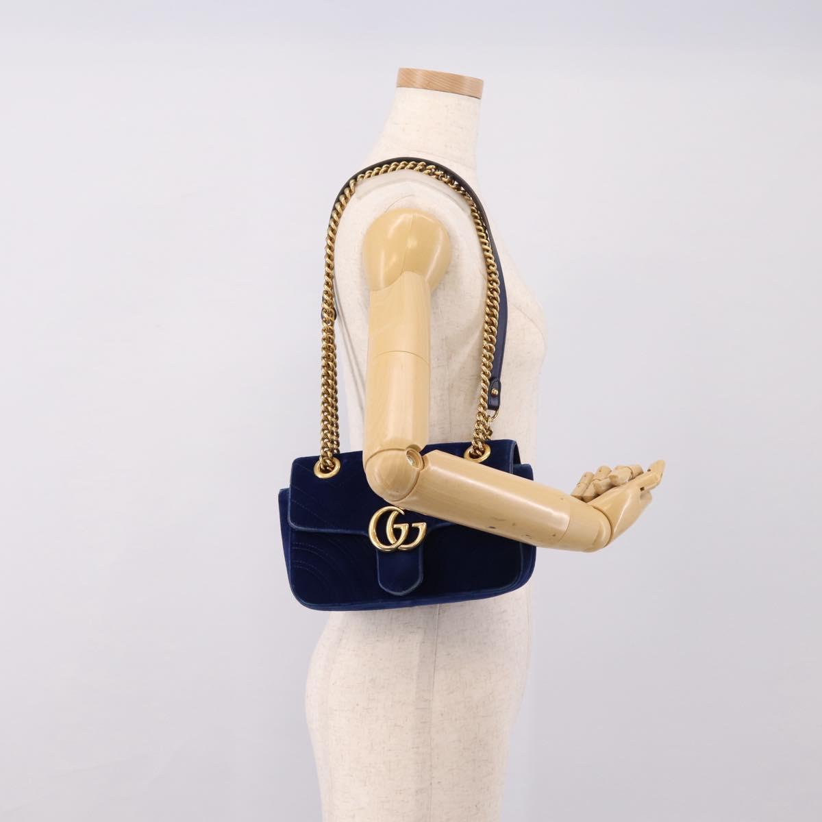 GUCCI GG Marmont Chain Shoulder Bag Velor Blue Gold 446744 Auth 208800V