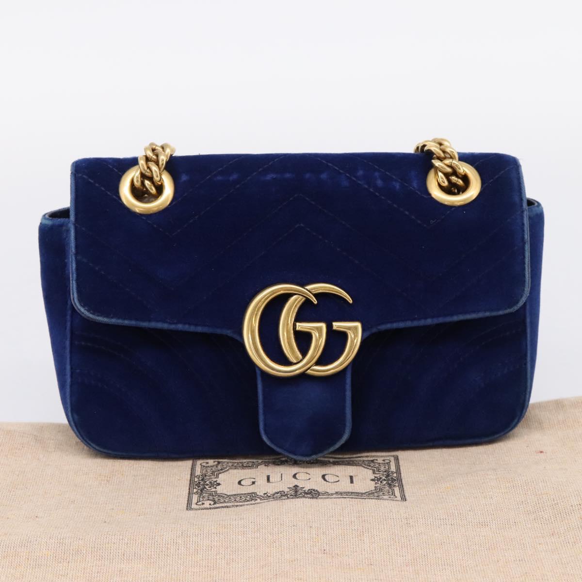 GUCCI GG Marmont Chain Shoulder Bag Velor Blue Gold 446744 Auth 208800V