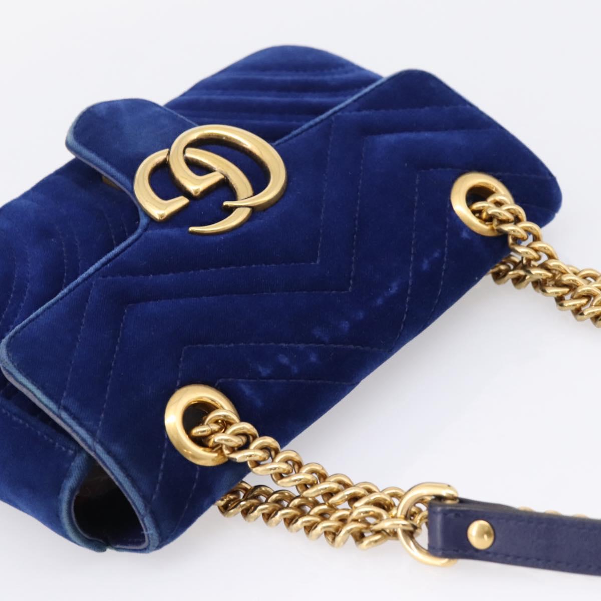 GUCCI GG Marmont Chain Shoulder Bag Velor Blue Gold 446744 Auth 208800V