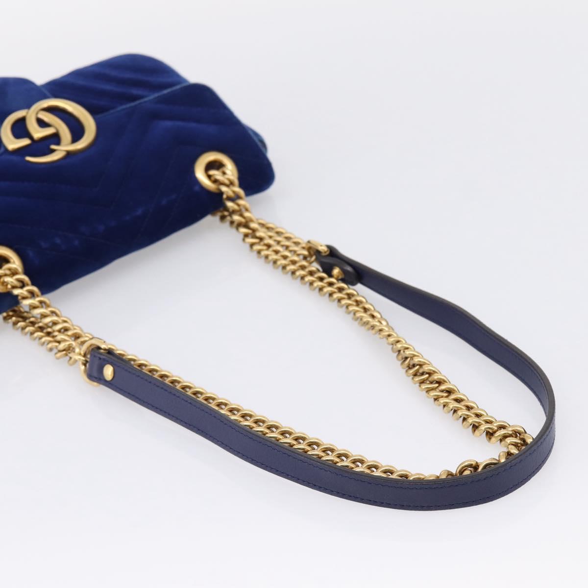 GUCCI GG Marmont Chain Shoulder Bag Velor Blue Gold 446744 Auth 208800V