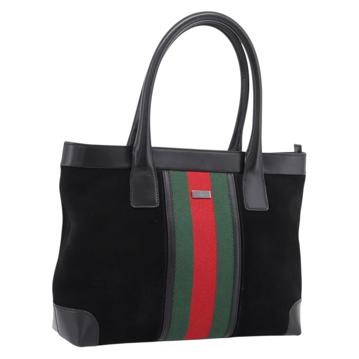 GUCCI Web Sherry Line Hand Bag Suede Leather Black Silver 33890 Auth 208802V