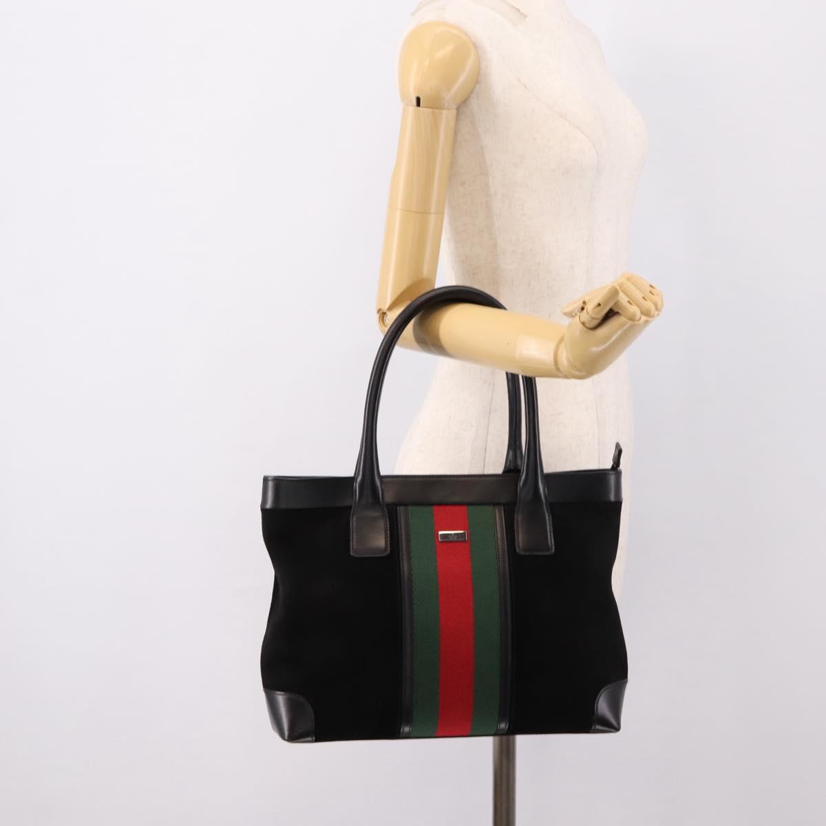 GUCCI Web Sherry Line Hand Bag Suede Leather Black Silver 33890 Auth 208802V