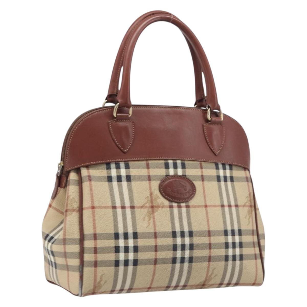 Burberrys Nova Check Hand Bag PVC Leather Beige Gold Tone Auth 208857