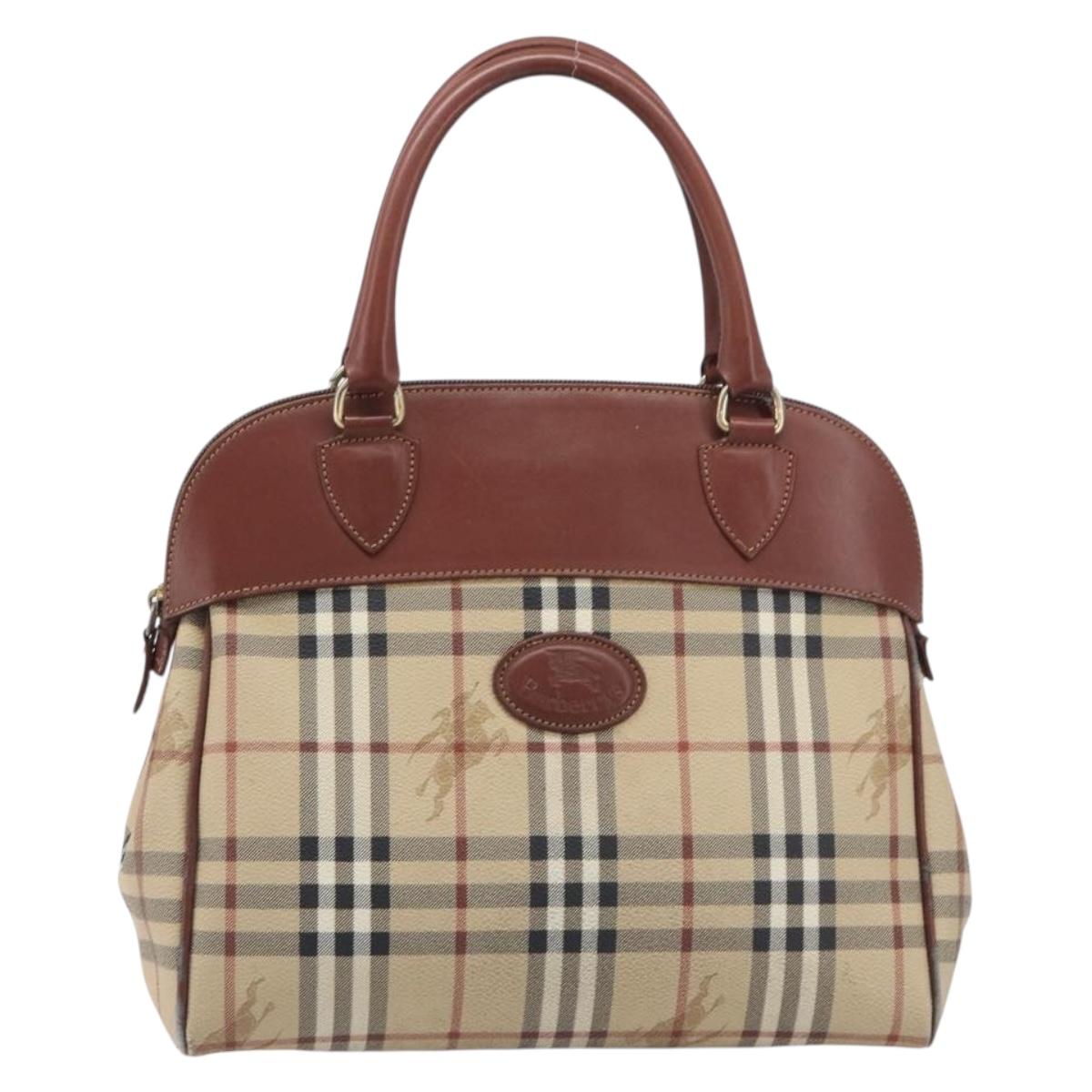 Burberrys Nova Check Hand Bag PVC Leather Beige Gold Tone Auth 208857