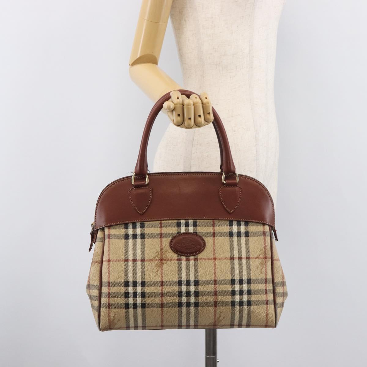 Burberrys Nova Check Hand Bag PVC Leather Beige Gold Tone Auth 208857
