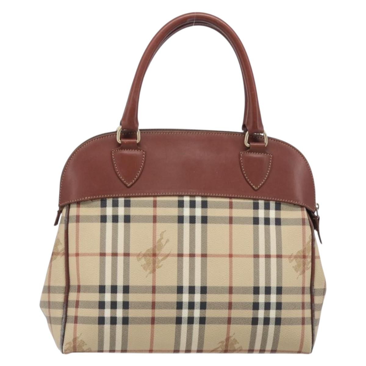 Burberrys Nova Check Hand Bag PVC Leather Beige Gold Tone Auth 208857