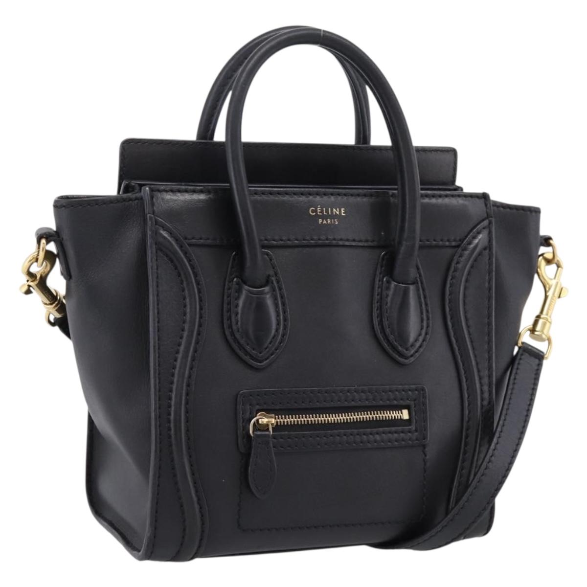 CELINE Luggage Nano Shopper Hand Bag Leather 2way Black Gold Tone Auth 208858