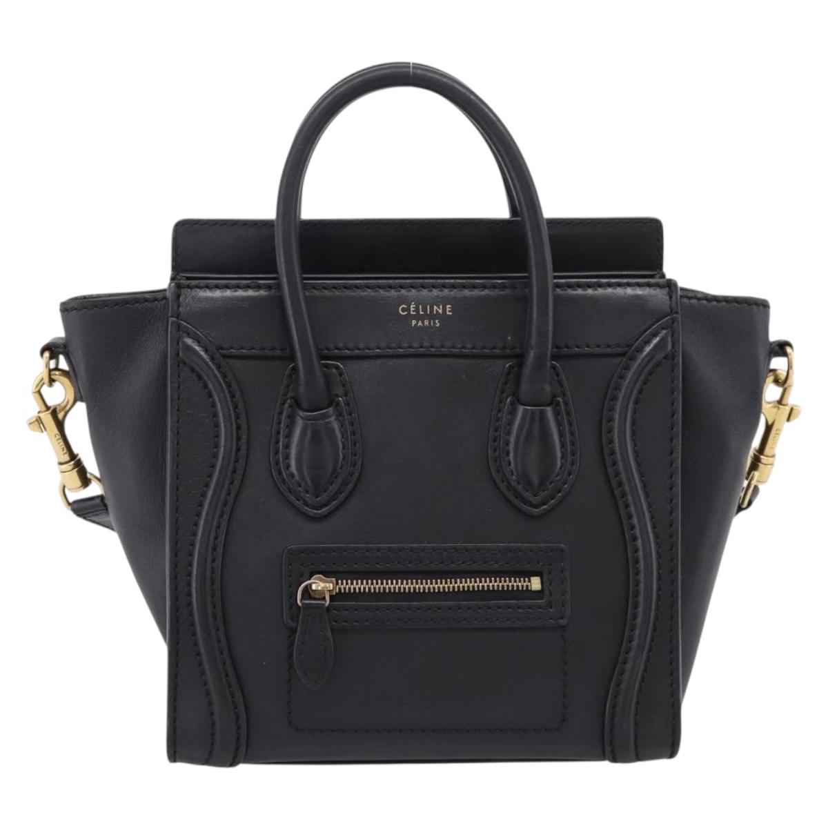 CELINE Luggage Nano Shopper Hand Bag Leather 2way Black Gold Tone Auth 208858