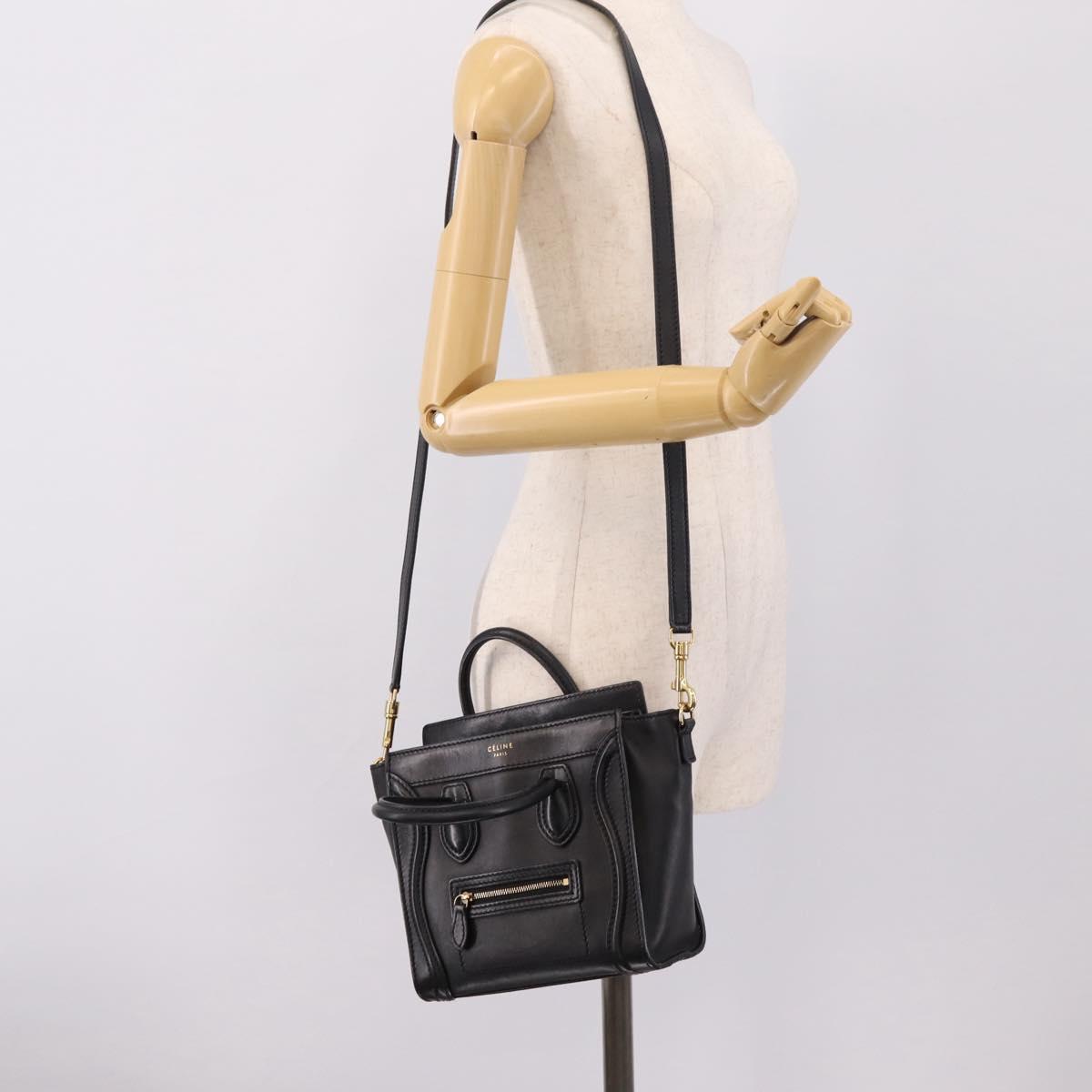 CELINE Luggage Nano Shopper Hand Bag Leather 2way Black Gold Tone Auth 208858