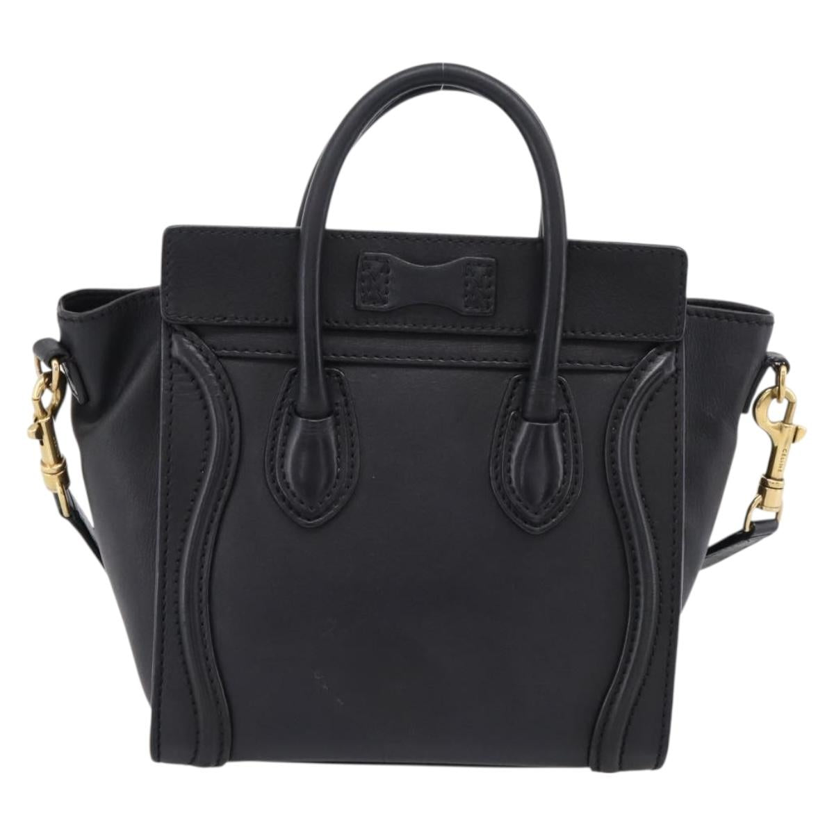 CELINE Luggage Nano Shopper Hand Bag Leather 2way Black Gold Tone Auth 208858