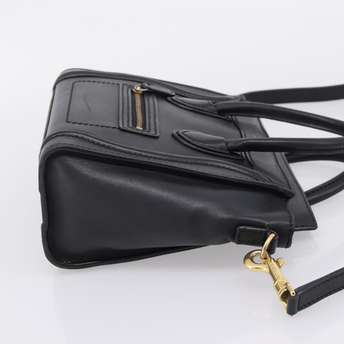 CELINE Luggage Nano Shopper Hand Bag Leather 2way Black Gold Tone Auth 208858