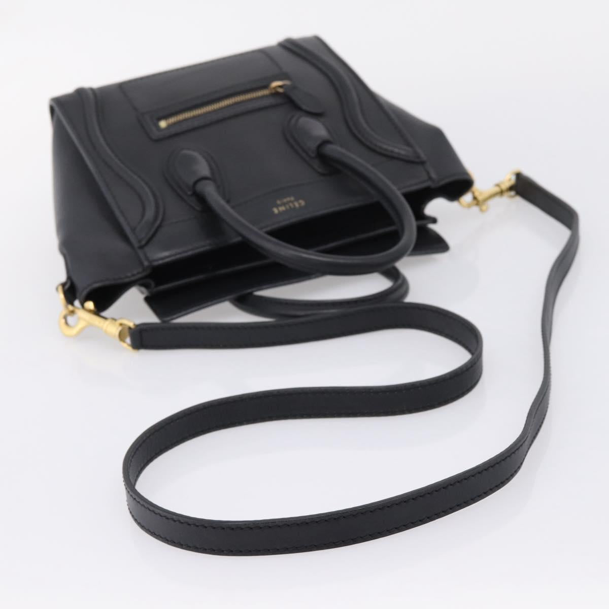 CELINE Luggage Nano Shopper Hand Bag Leather 2way Black Gold Tone Auth 208858