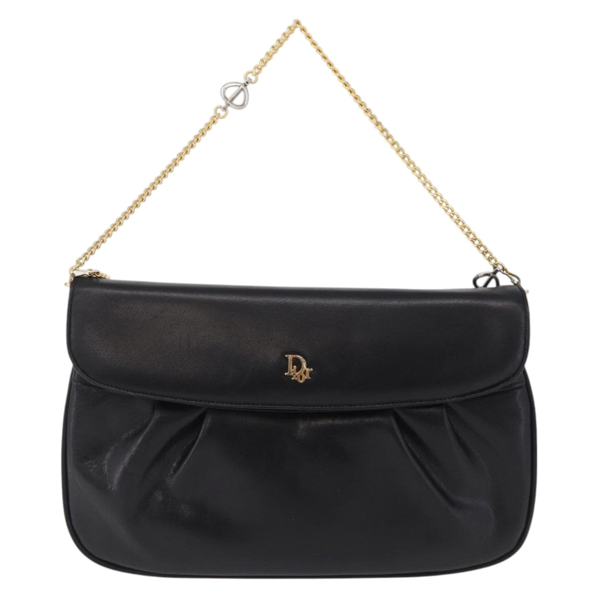 Christian Dior Chain Shoulder Bag Leather Black Gold Tone Auth 208860