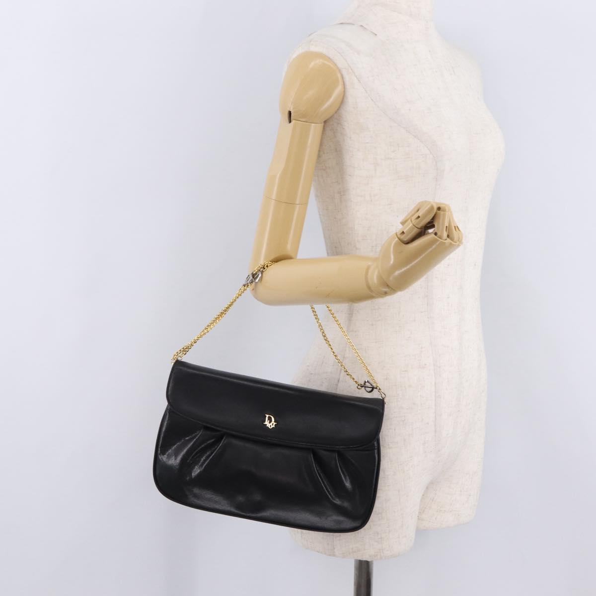 Christian Dior Chain Shoulder Bag Leather Black Gold Tone Auth 208860