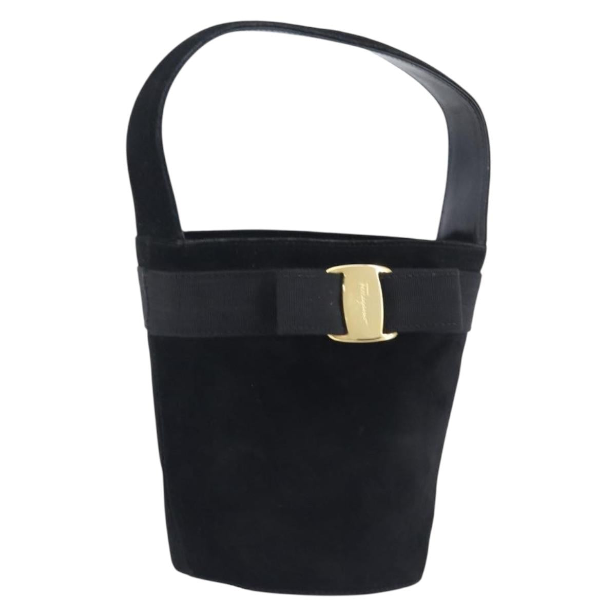 Salvatore Ferragamo Vala Hand Bag Suede Black Gold Tone Auth 208872A