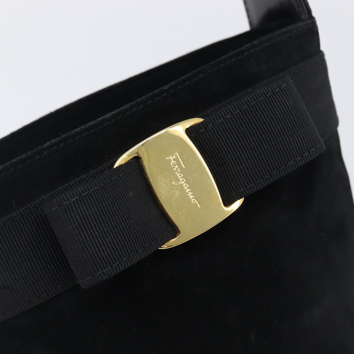 Salvatore Ferragamo Vala Hand Bag Suede Black Gold Tone Auth 208872A