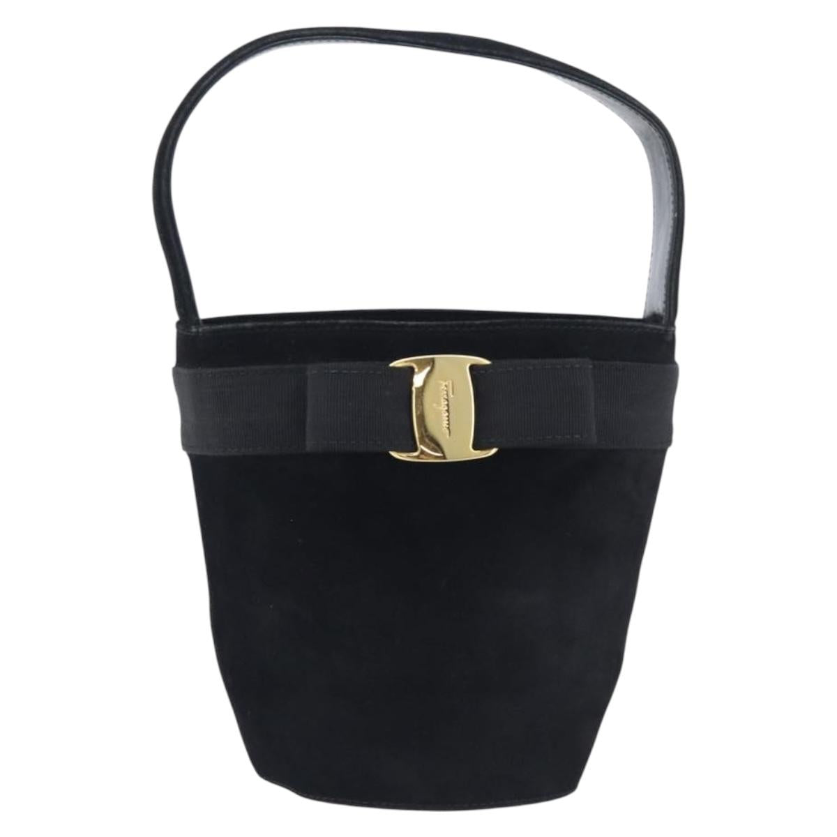 Salvatore Ferragamo Vala Hand Bag Suede Black Gold Tone Auth 208872A