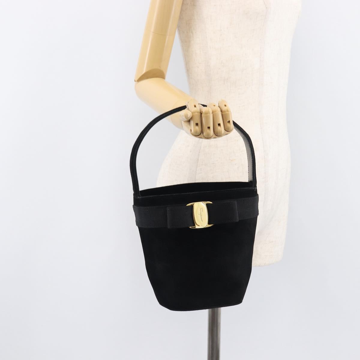Salvatore Ferragamo Vala Hand Bag Suede Black Gold Tone Auth 208872A