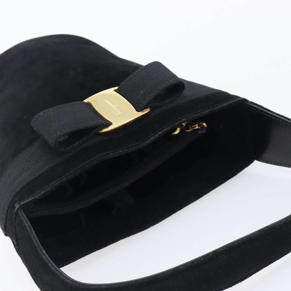 Salvatore Ferragamo Vala Hand Bag Suede Black Gold Tone Auth 208872A