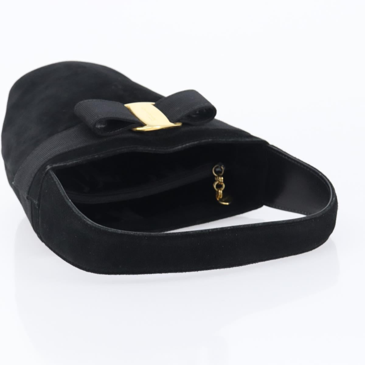 Salvatore Ferragamo Vala Hand Bag Suede Black Gold Tone Auth 208872A