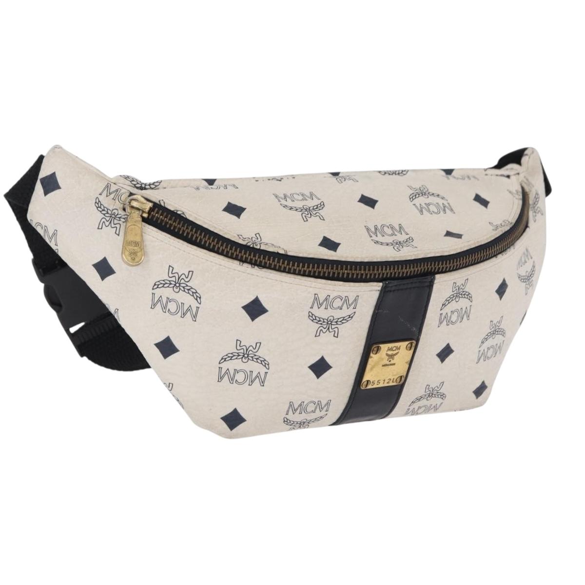 MCM Vicetos Waist Bag PVC Leather White Gold Tone Auth 208876