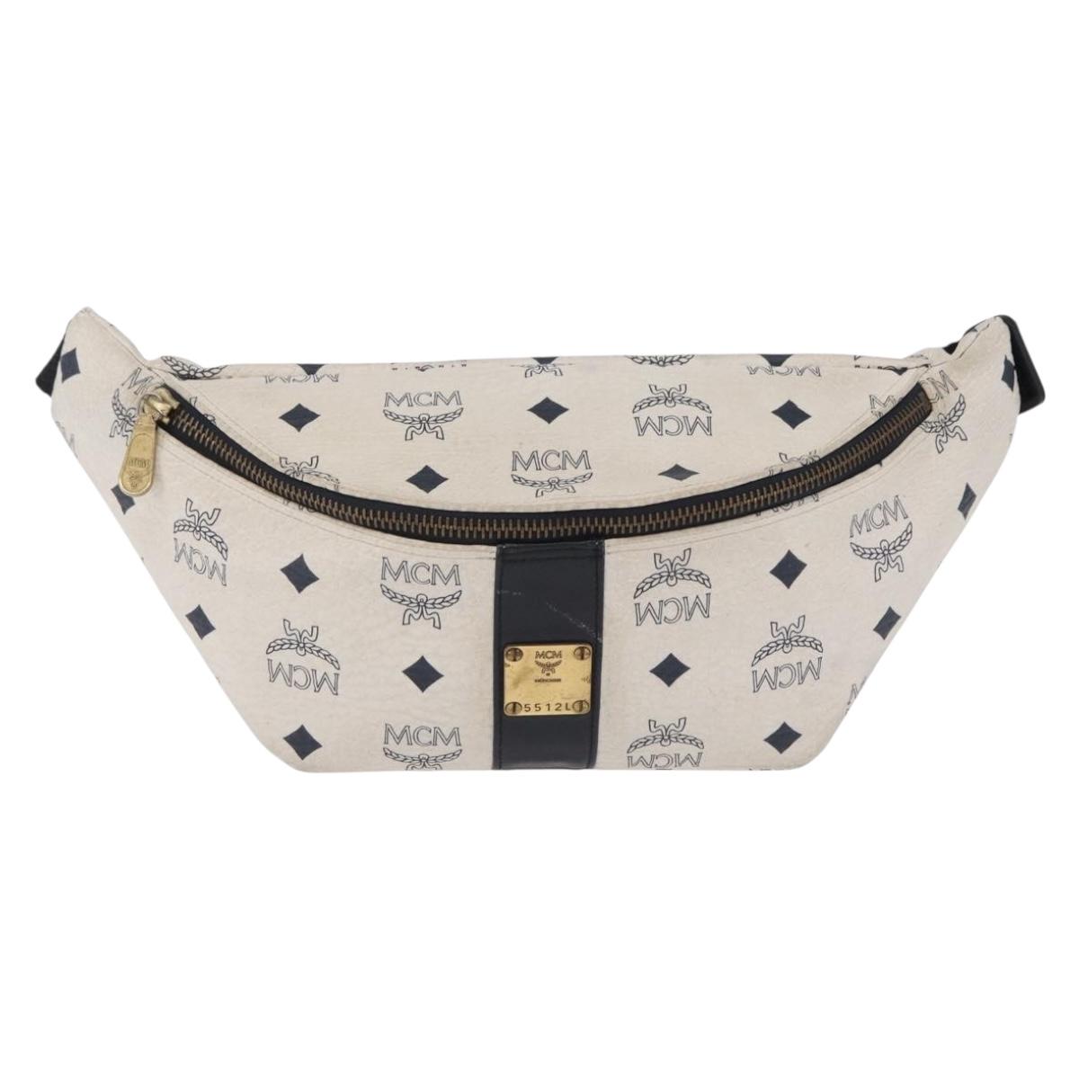 MCM Vicetos Waist Bag PVC Leather White Gold Tone Auth 208876