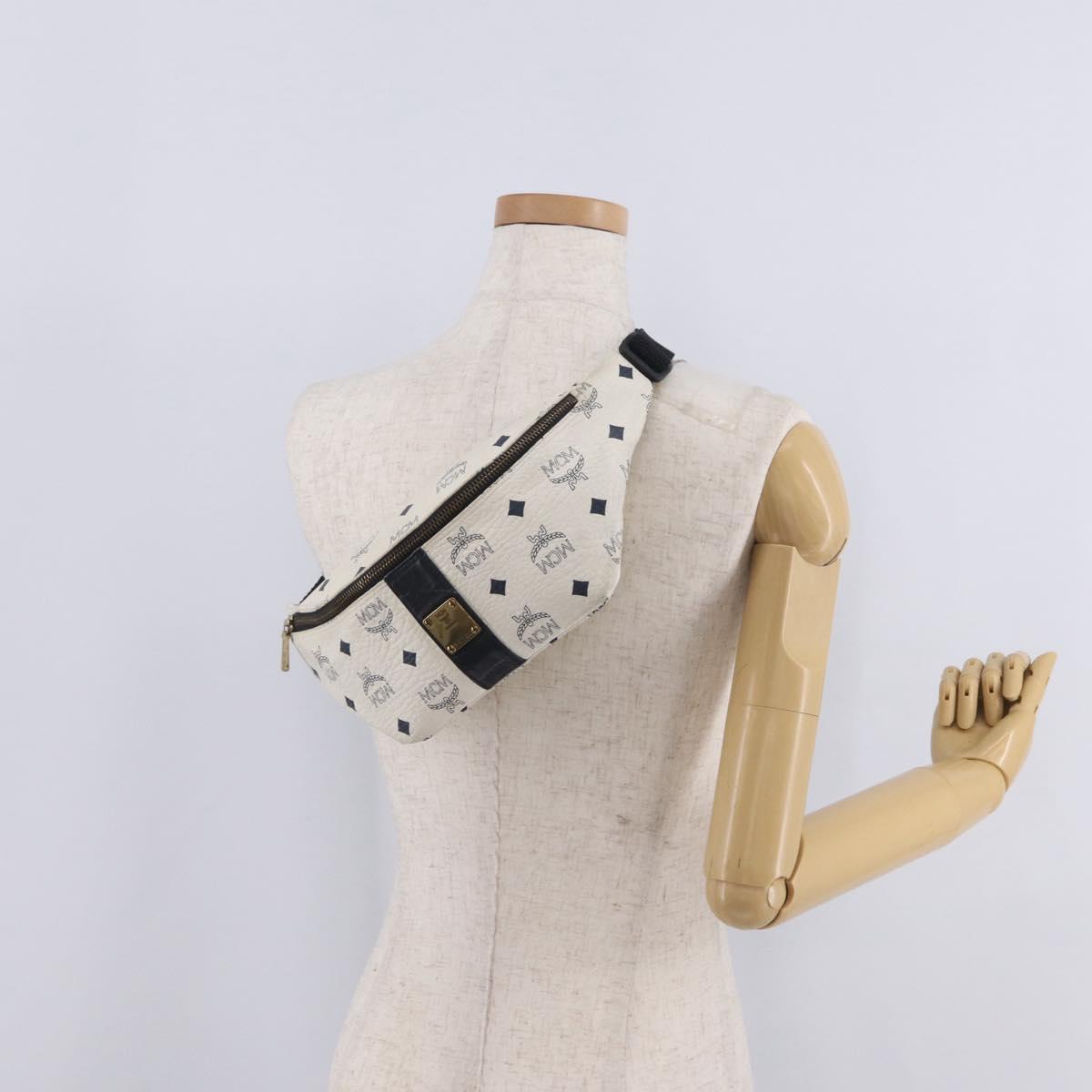 MCM Vicetos Waist Bag PVC Leather White Gold Tone Auth 208876