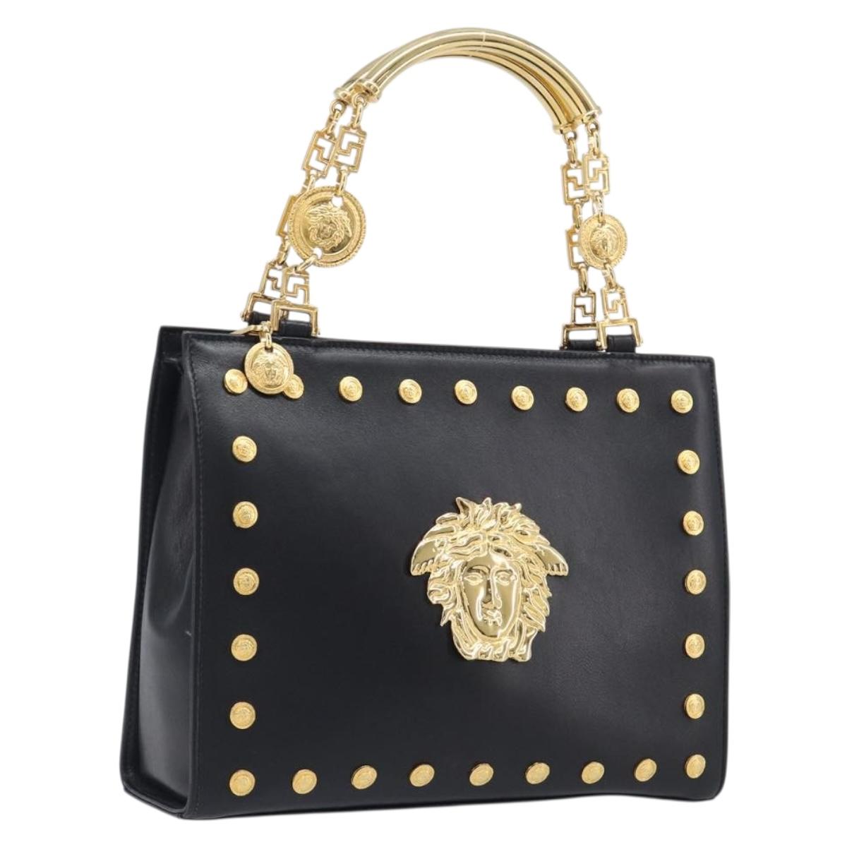 Gianni Versace Hand Bag Leather Black Gold Tone Auth 208883V