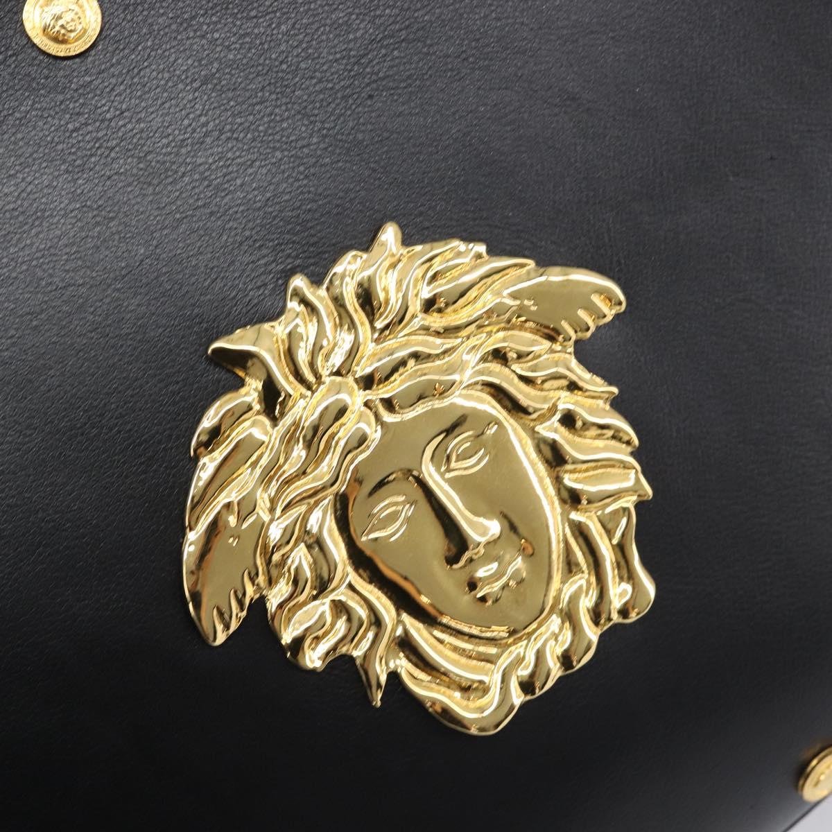Gianni Versace Hand Bag Leather Black Gold Tone Auth 208883V