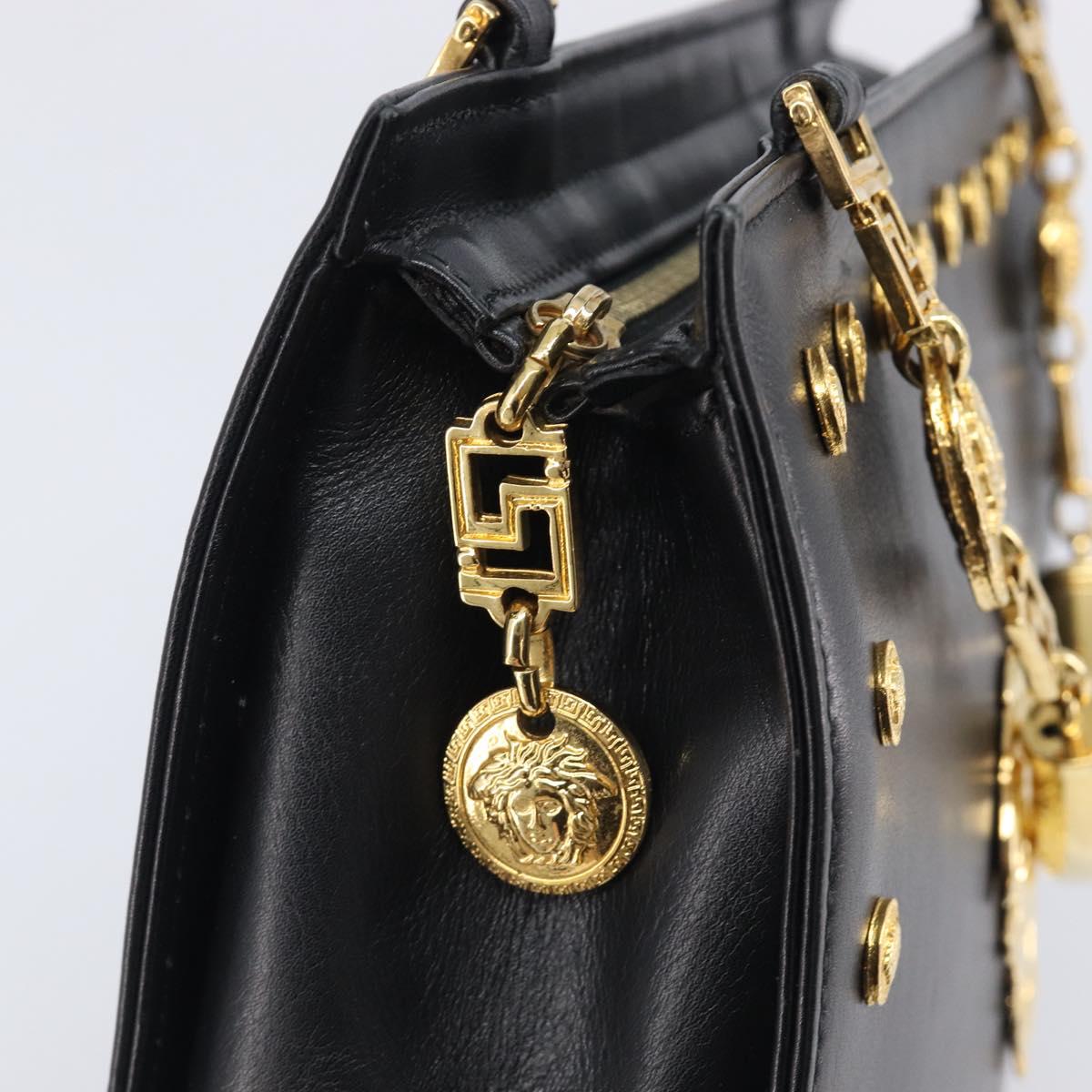 Gianni Versace Hand Bag Leather Black Gold Tone Auth 208883V