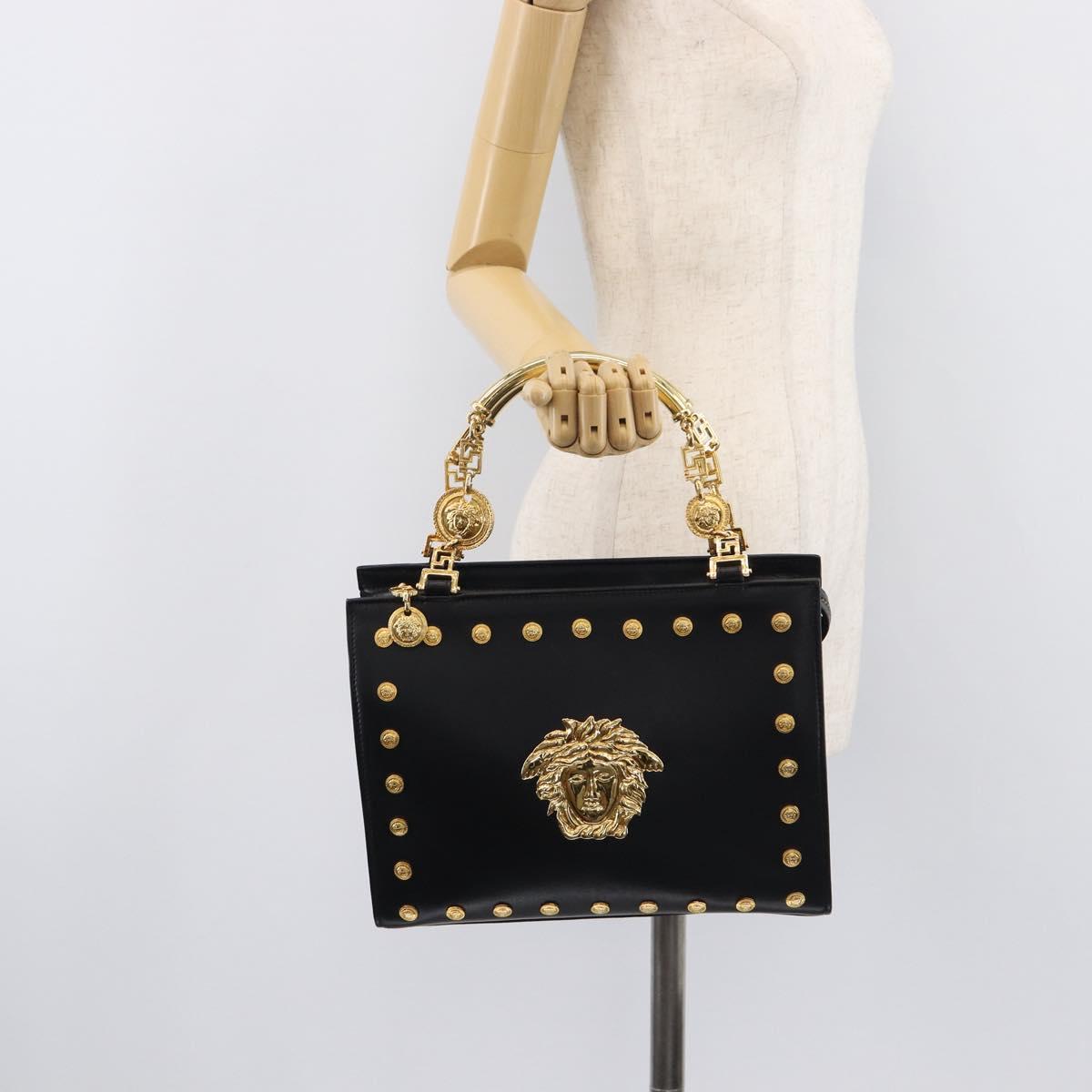 Gianni Versace Hand Bag Leather Black Gold Tone Auth 208883V