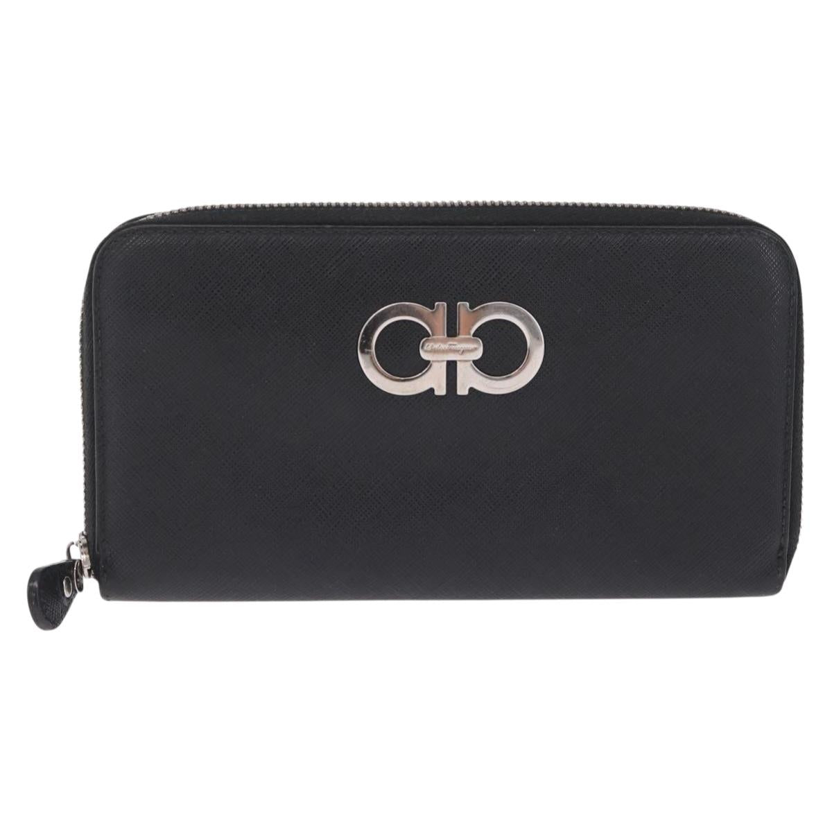 Salvatore Ferragamo Gancini Long Wallet Leather Black Silver Auth 208953V