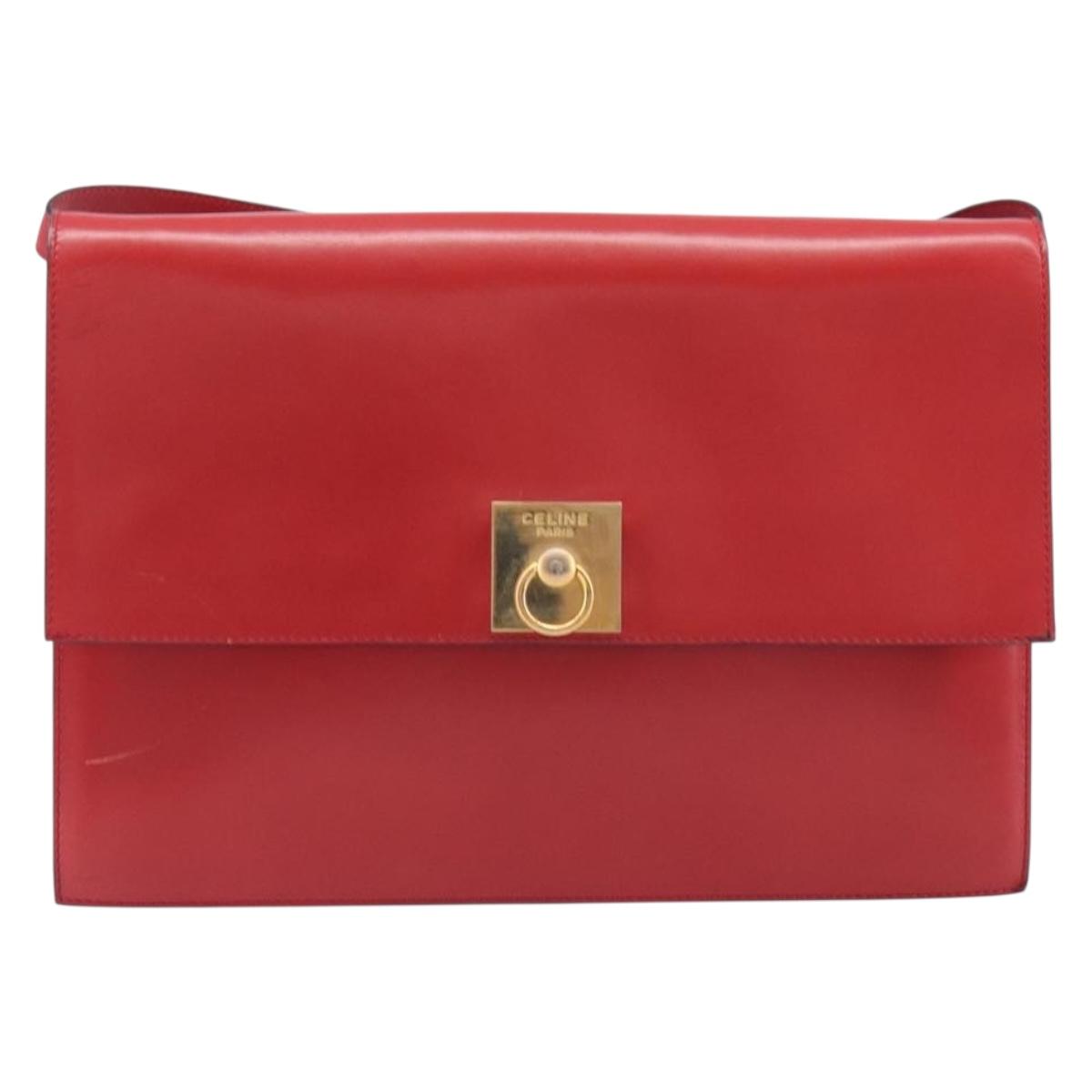 CELINE Shoulder Bag Leather Red Gold Auth 209009