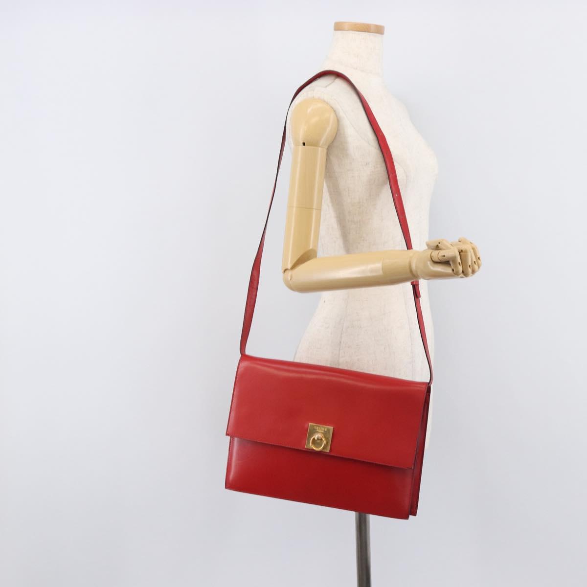 CELINE Shoulder Bag Leather Red Gold Auth 209009