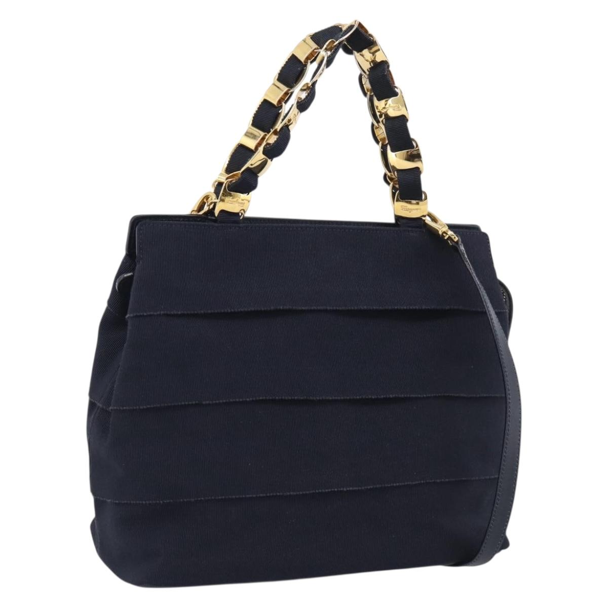 Salvatore Ferragamo Shoulder Bag Canvas 2way Navy Gold Auth 209011