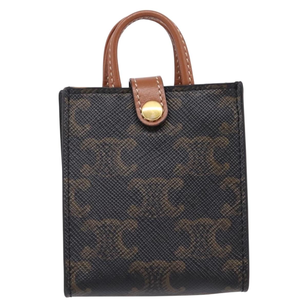 CELINE Macadam Canvas Triomphe Bag Charm PVC Brown Gold Auth 209038M