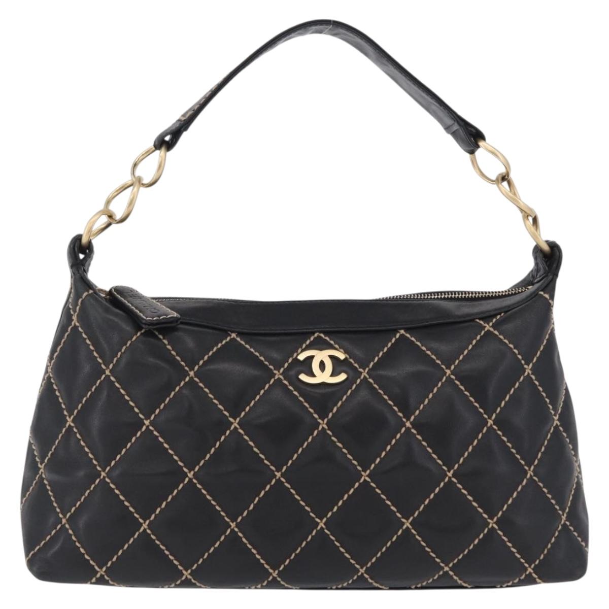 CHANEL Wild Stitch Shoulder Bag Leather Black Gold Tone CC Auth 209100A