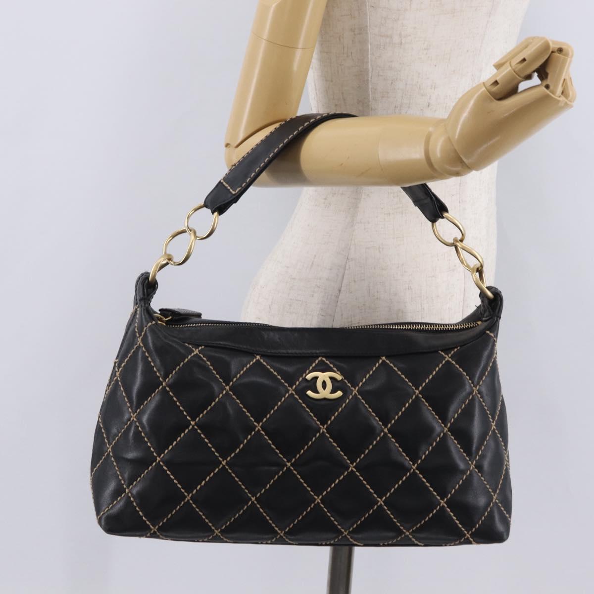 CHANEL Wild Stitch Shoulder Bag Leather Black Gold Tone CC Auth 209100A