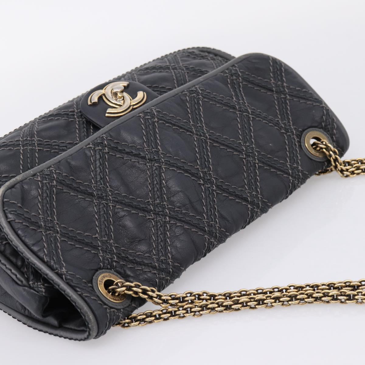 CHANEL Wild Stitch Chain Shoulder Bag Leather Black Gold Tone CC Auth 209101V