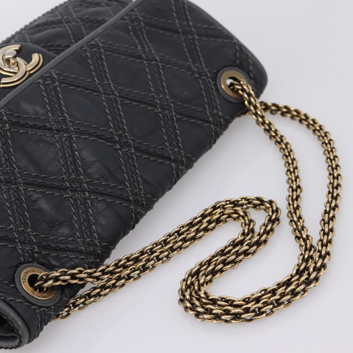 CHANEL Wild Stitch Chain Shoulder Bag Leather Black Gold Tone CC Auth 209101V
