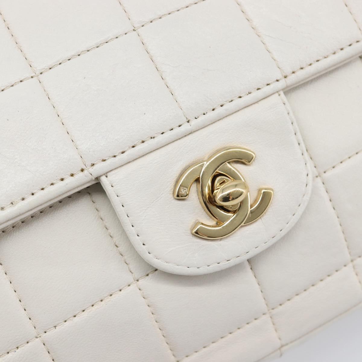 CHANEL Choco Bar Shoulder Bag Lamb Skin White Gold Tone CC Auth 209121