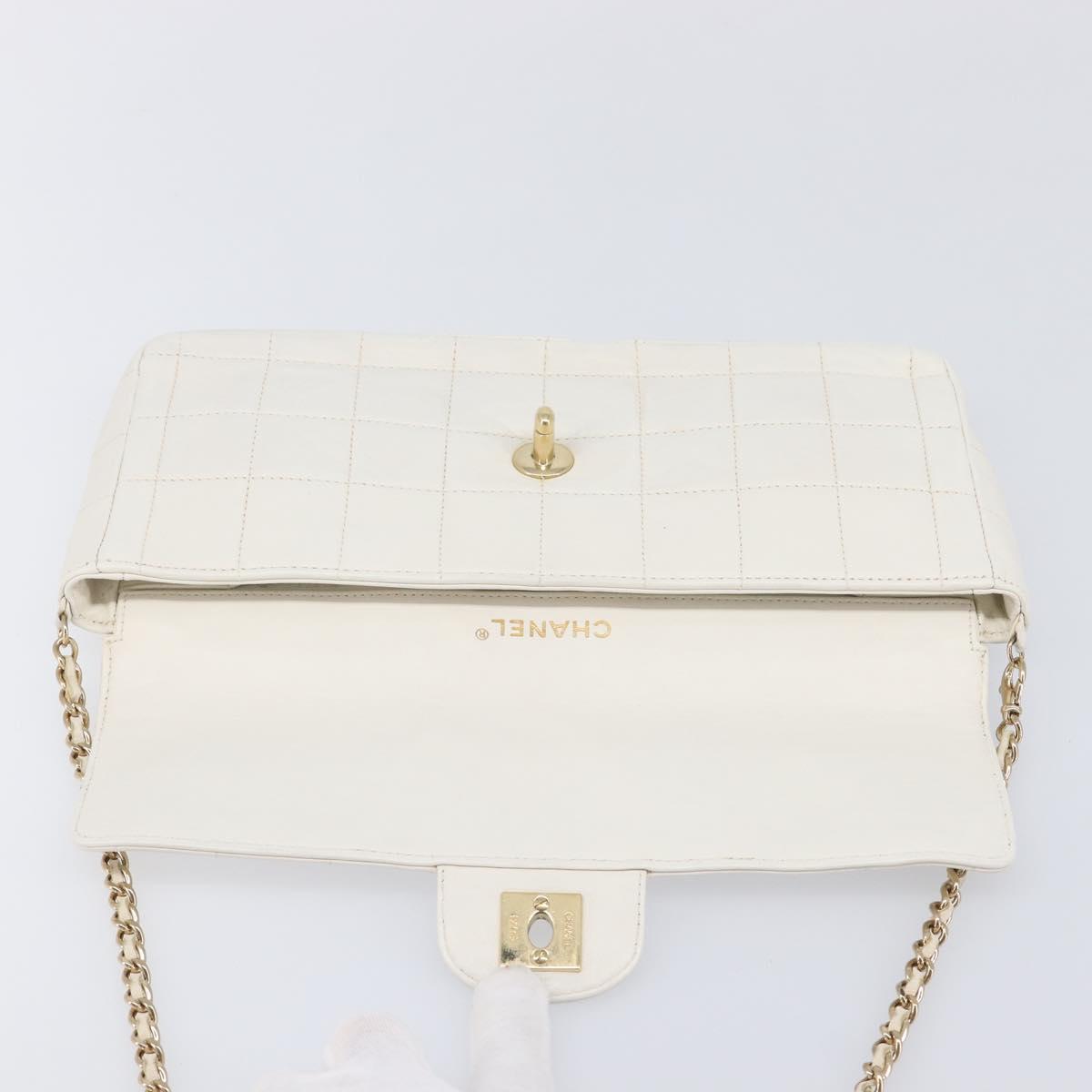 CHANEL Choco Bar Shoulder Bag Lamb Skin White Gold Tone CC Auth 209121