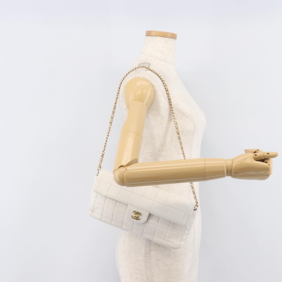 CHANEL Choco Bar Shoulder Bag Lamb Skin White Gold Tone CC Auth 209121
